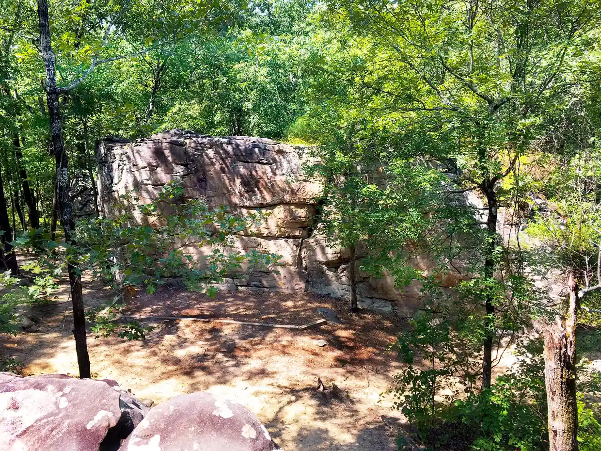 A sandstone boulder in the woods along a trail at Moss Rock Preserve in Hoover.