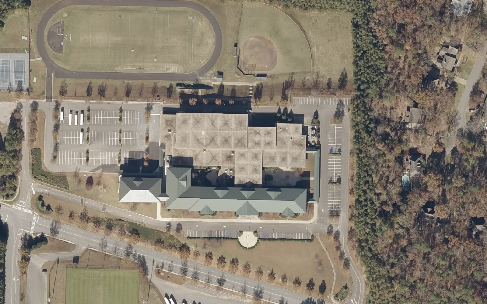Aerial view of Berry Middle School on Jaguar Drive in Hoover, with its track, ball fields and bus lanes.