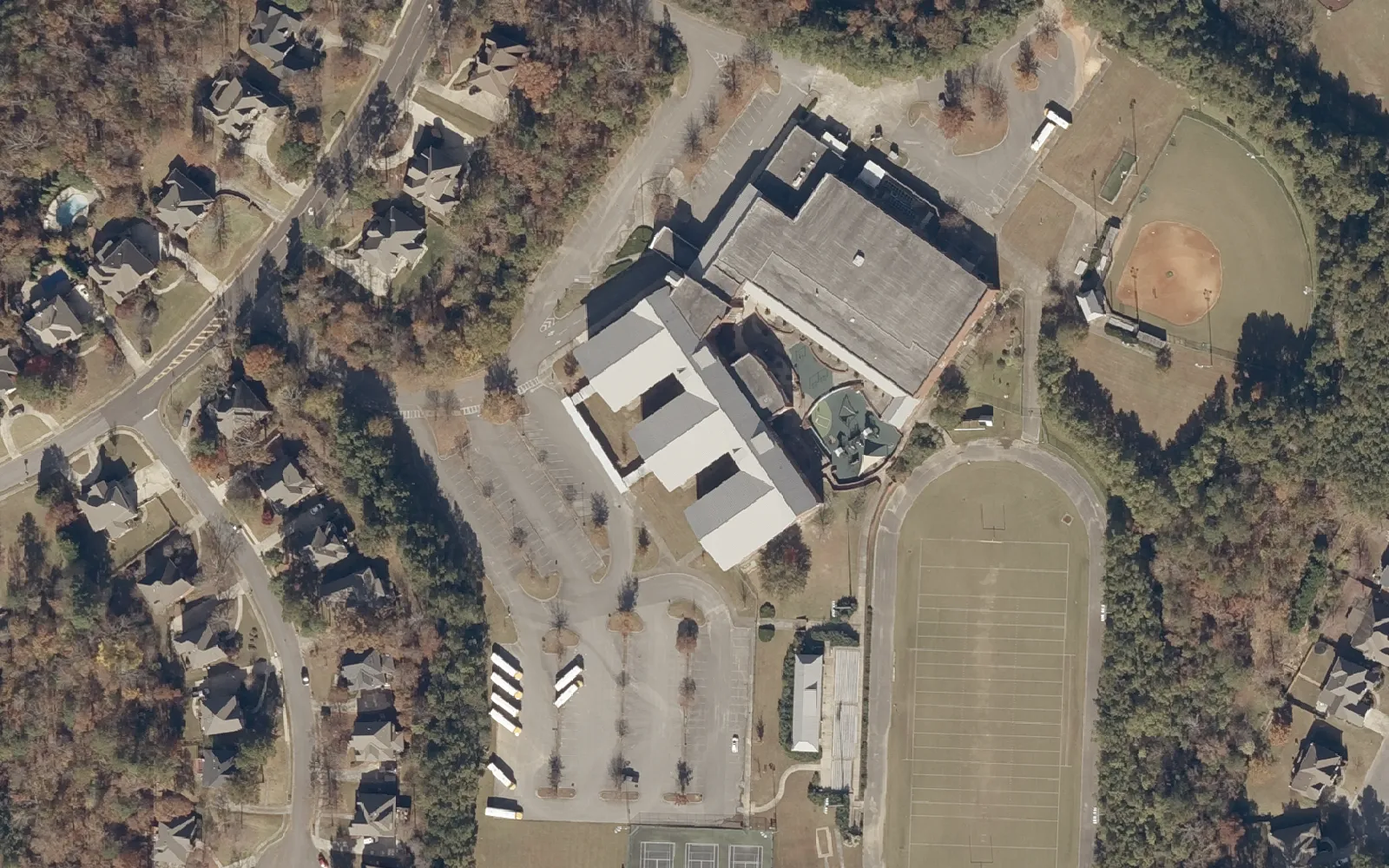 Aerial view of Brock's Gap Intermediate School on Lake Cyrus Club Drive in Hoover, with its ball fields and parking lots.