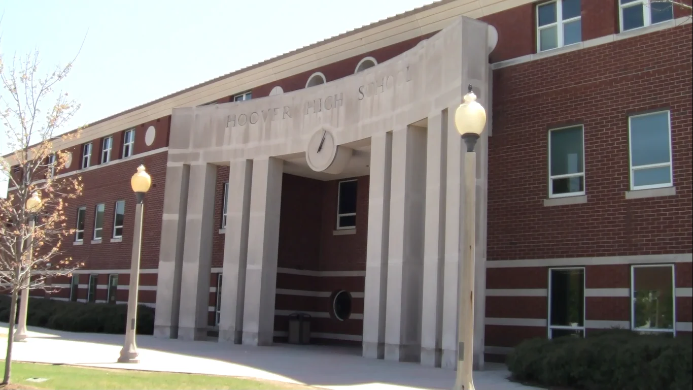 The main entrance of Hoover High School on Buccaneer Drive, with the school's name carved over the doors.