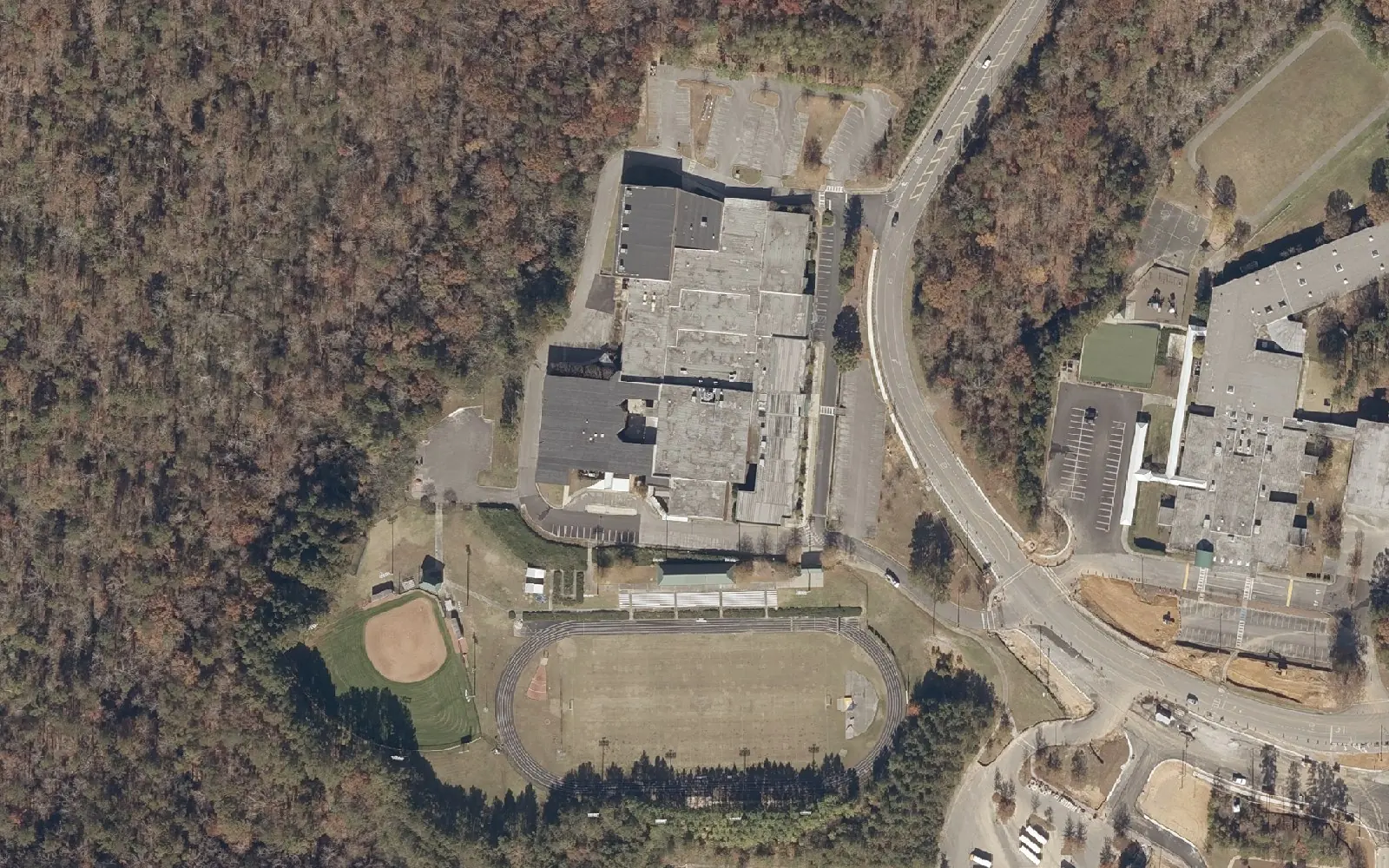 Aerial view of Simmons Middle School on Patton Chapel Road in Hoover, with its baseball field and track.