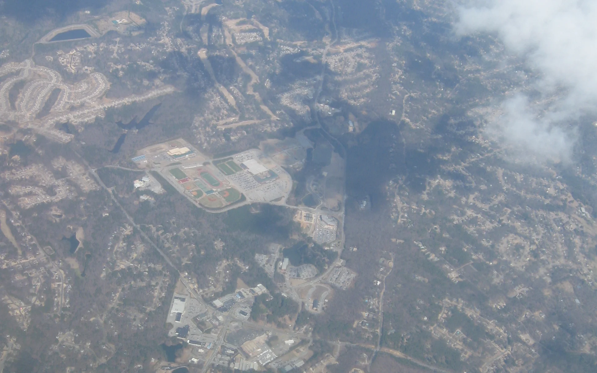 Spain Park High School's buildings, parking lots and ball fields seen from an airplane over the Valleydale Road and Caldwell Mill Road area of Hoover.